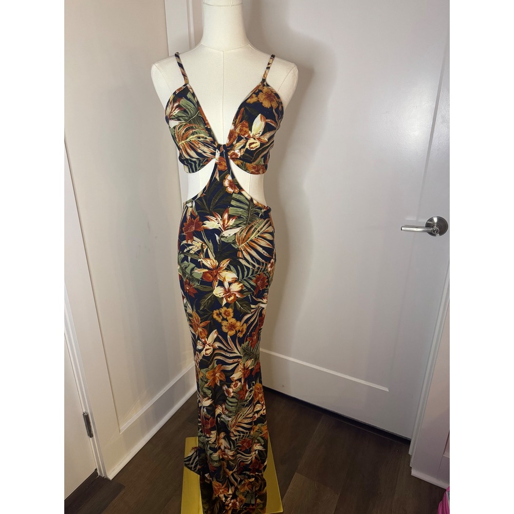 Lovely Day Tropical Floral Cutout Maxi Dress Spaghetti Straps Tie Front‎ L